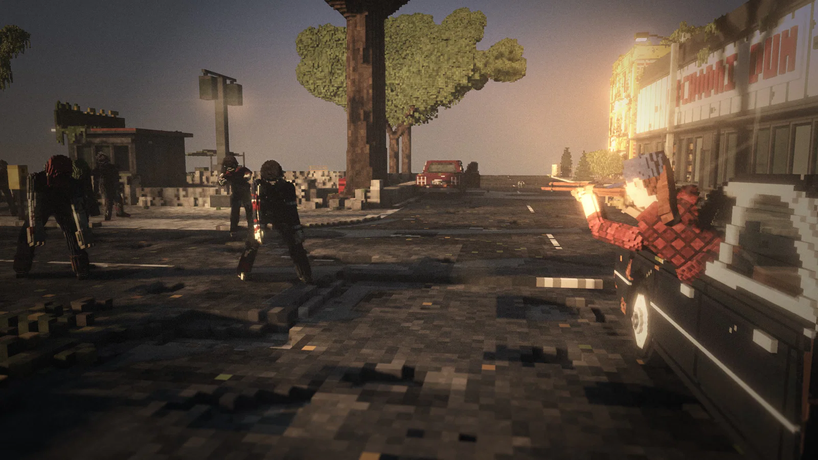 A passenger leans out of a car window and fires at infected on the street
