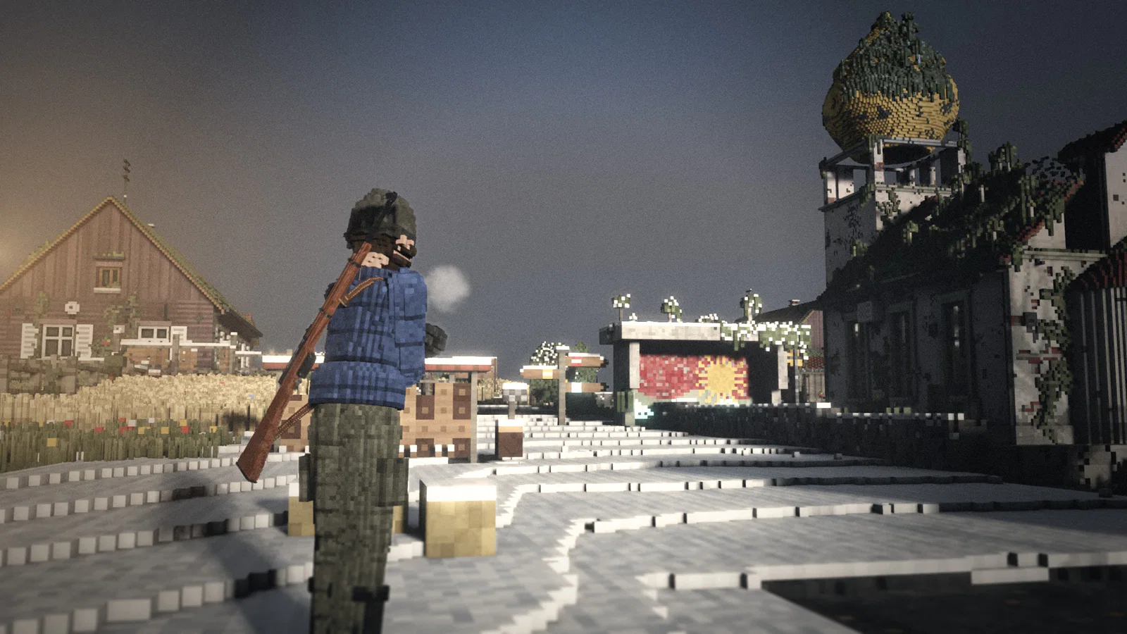 A survivor with a rifle slung across the back in a snow-covered village