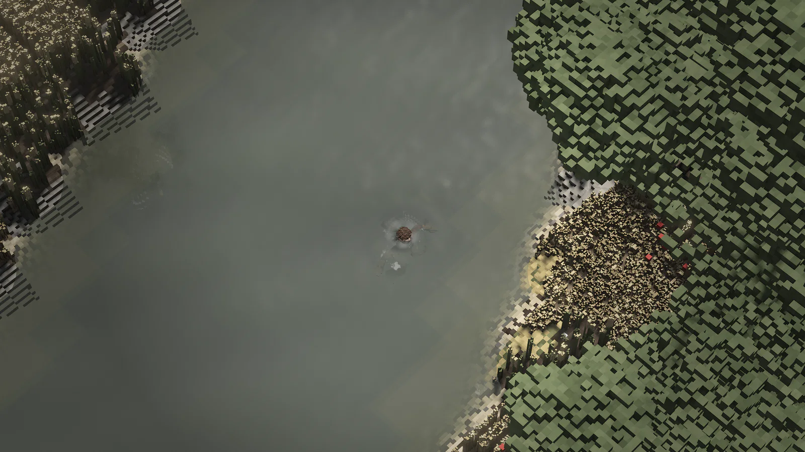 A survivor swims in the Vorna between a wooded bank and a reed-covered shore, tree shadows on the water