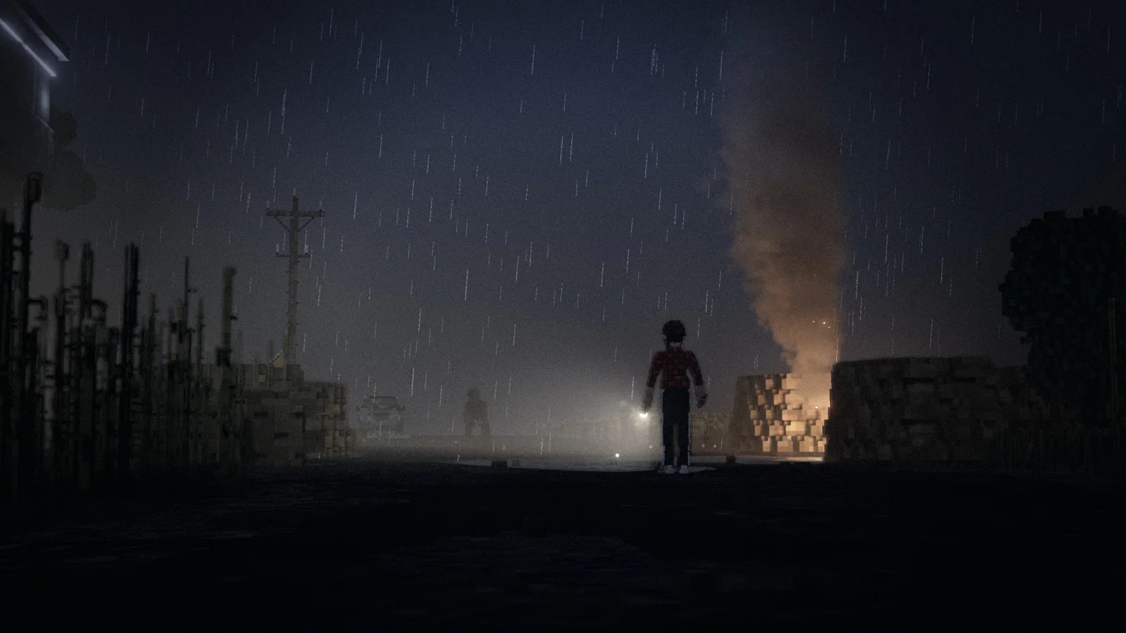 A police roadblock at night in the rain