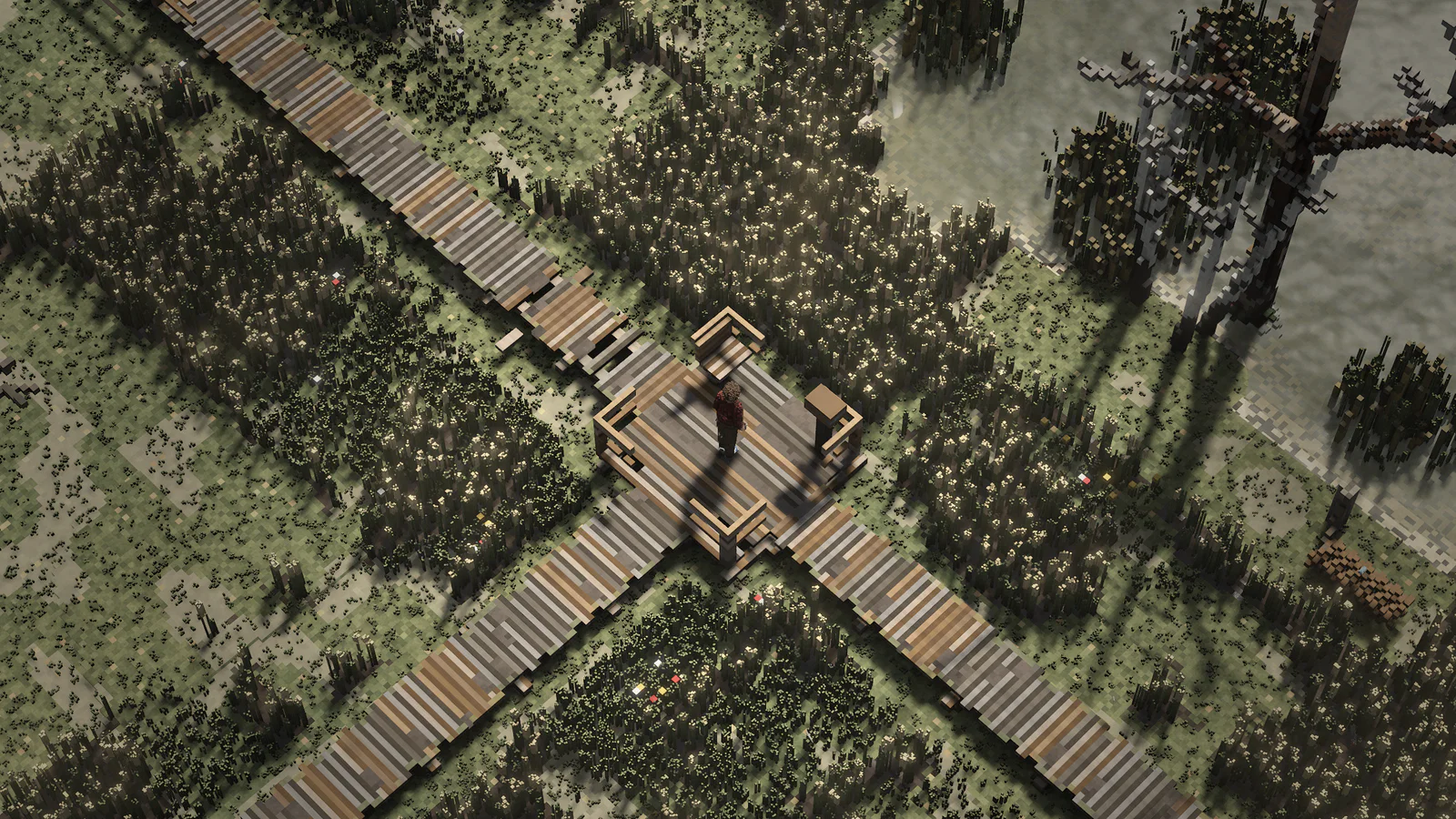 Boardwalks with a small lookout platform crossing the swamp at the mouth of the Vorna