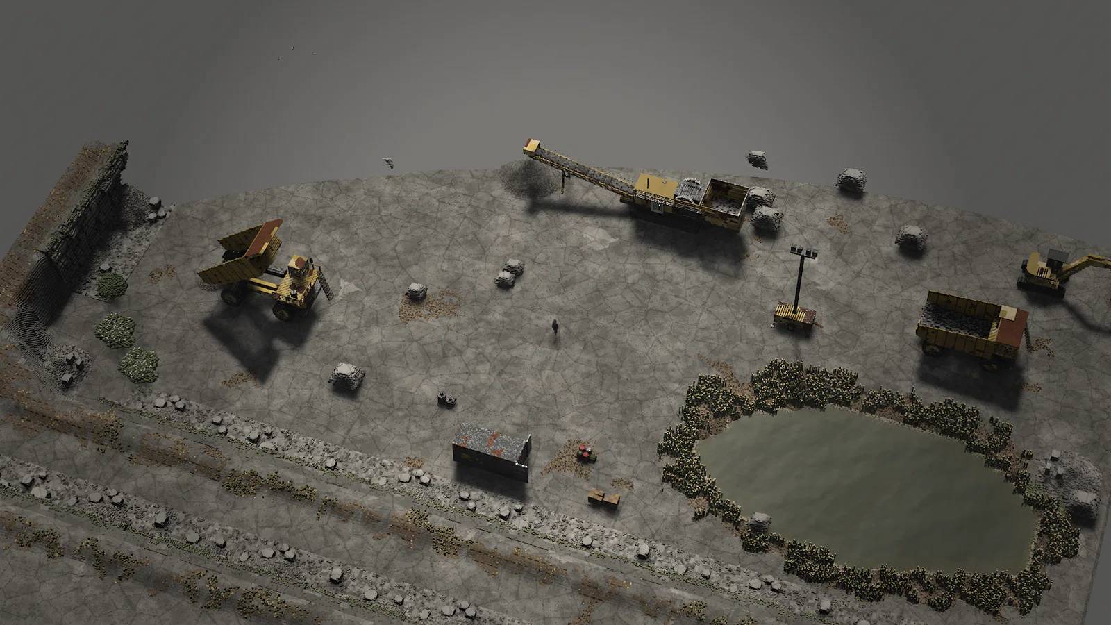 The reworked Kamenec quarry from above: dump truck, crusher, excavator and the pond on the floor of the pit